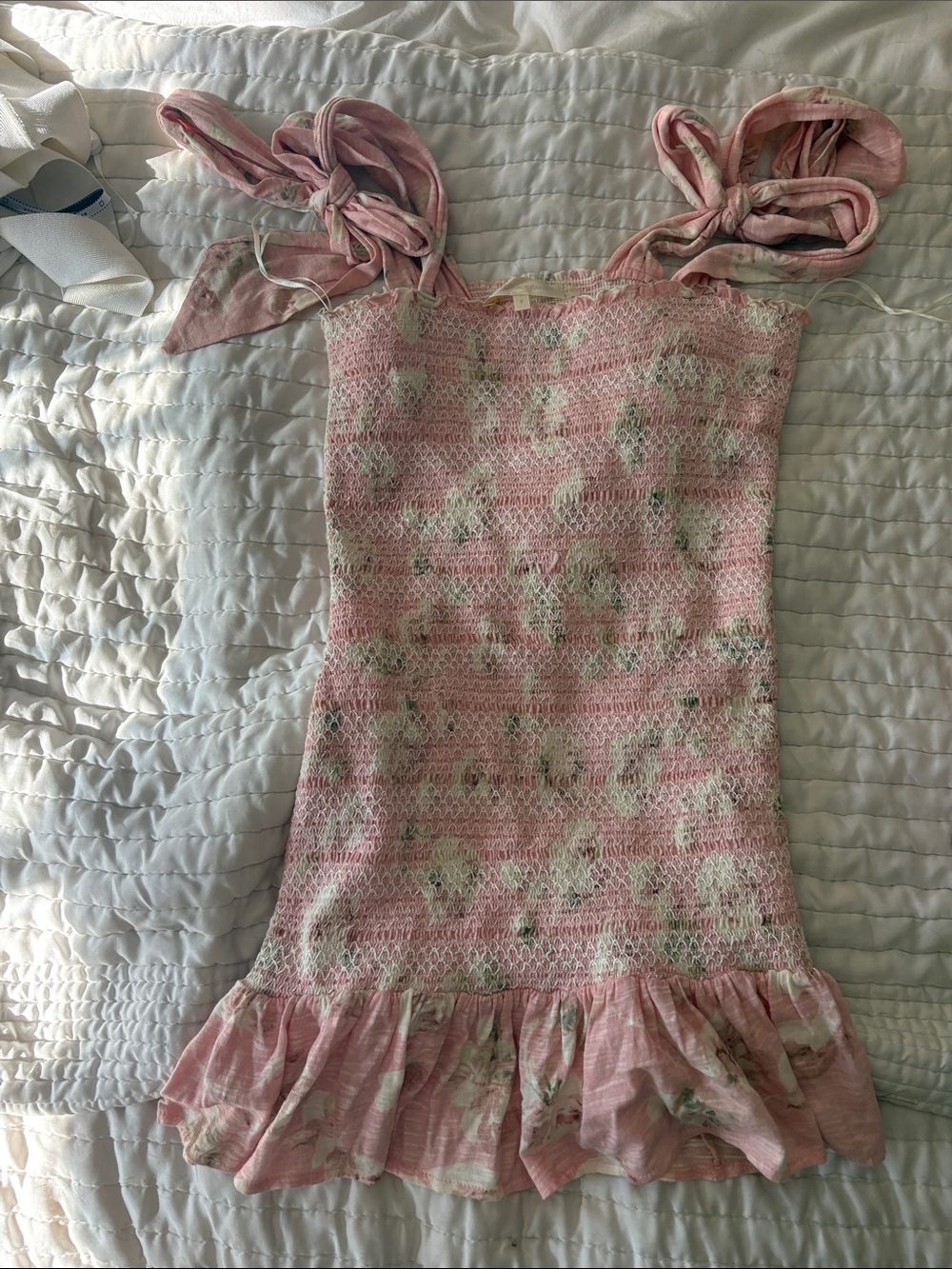Loveshackfancy Smocked Pink Floral Tie-Shoulder Slip Dress size S